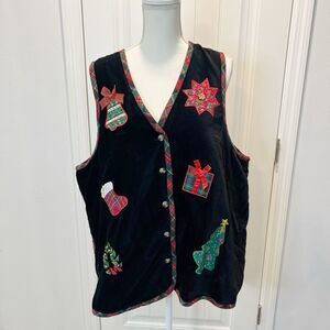 Vintage Victoria Jones Woman Christmas Vest Red Plaid Size 18 W Black Velvet